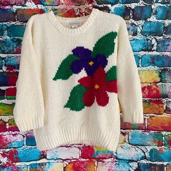 Vintage Sweaters - Vintage Cristina's Chenille Floral Pullover Crewneck Sweater Large Acrylic